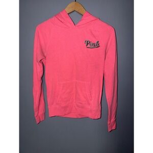 PINK Victoria's Secret Neon Pink Pullover Hoodie Chenille Logo XS Raglan Fleece